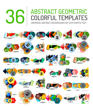 Collection of abstract backgrounds - colorful textured glossy geometric shape compositions with infographics option sample text, repetition of elements. Colorful geometric universal template, bright unusual banner design, text presentation backdropのイラスト素材