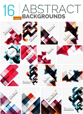 Collection of abstract backgrounds - repetition of multicolored transparent squares and swirl lines, geometric pattern set. Colorful geometric universal templates, bright unusual banner designs, text presentation backdropsのイラスト素材