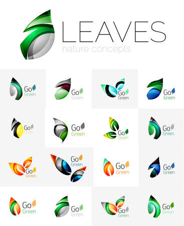 Leaf set. Vector collection of abstract geometric design futuristic leaves - go green. Created with color overlapping geometric elements - waves and swirls. Shiny and glossy effectsのイラスト素材