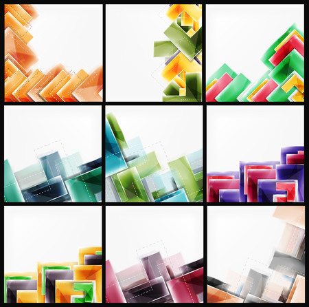 Set of arrow background - vector web brochures, internet flyers, wallpaper or cover poster designs. Geometric style, colorful realistic glossy arrow shapes, blank templates with copyspace. Directional idea banners.のイラスト素材