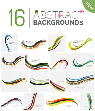 Collection of wave abstract backgrounds - color curve stripes and lines in various motion concepts and with light and shadow effects. Presentation banner and business card message design template set.のイラスト素材