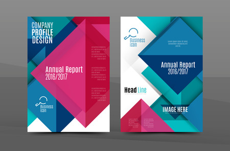 Squares and triangles annual report cover template. Color business brochure vector template, front page, A4 size, leaflet abstract background, magazine design, flyer layoutのイラスト素材