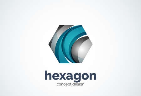Hexagon   template, cell concept - geometric minimal style, created with overlapping curve elements and waves. Corporate identity emblem, abstract business company branding elementのイラスト素材