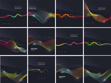 Set of futuristic colorful waves and lines on dark backgrounds. Smoke style design with glowing effectsのイラスト素材