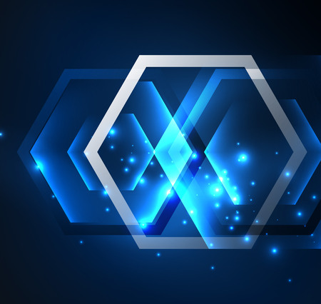 Techno glowing glass hexagons vector background, futuristic dark template with neon light effects and simple formsのイラスト素材