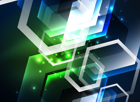 Techno glowing glass hexagons vector background, futuristic dark template with neon light effects and simple formsのイラスト素材
