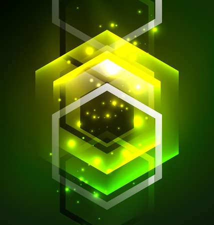 Techno glowing glass hexagons vector background, futuristic dark template with neon light effects and simple formsのイラスト素材