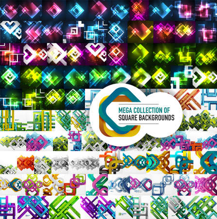 Mega collection of 100 vector square abstract backgrounds - glowing shapes, cut paper 3d elements and shiny layouts. Business presentation design templates, brochure or flyer concepts or geometric web bannersのイラスト素材