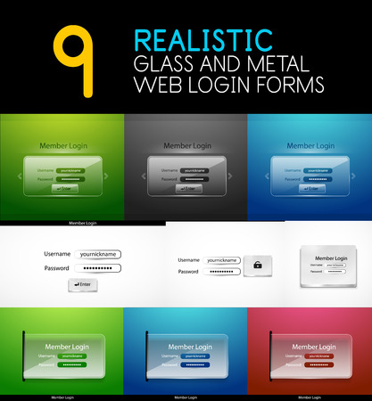 Set of realistic transparent glass and metal web login forms. Internet website interface vector element with username and password text input fieldsのイラスト素材