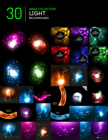 Set of glowing lines and waves in darkness, mega collection of shining effects.のイラスト素材