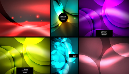 Glowing circles and waves, dark technology background set. Vector digital illustrationのイラスト素材