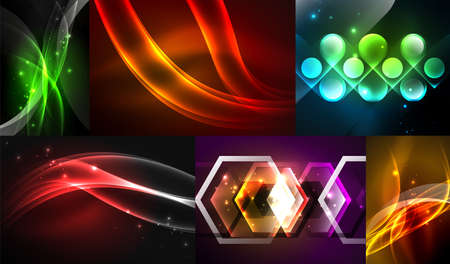 Set of dark abstract backgrounds with glowing geometric shapesのイラスト素材