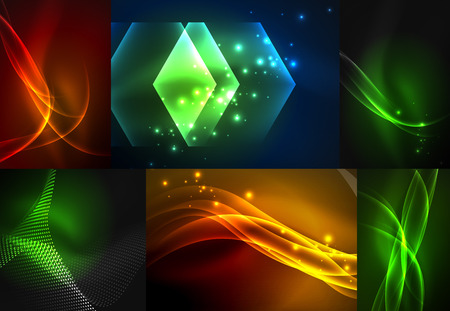 Set of dark abstract backgrounds with glowing geometric shapesのイラスト素材