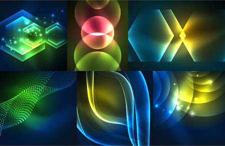 Glowing geometric shapes on dark abstract backgrounds.のイラスト素材