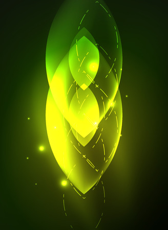 Glowing modern geometric shapes in dark space. Vector digital abstract backgroundのイラスト素材