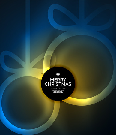 Christmas baubles, vector magic dark background with glowing New Year spheres. Holiday Christmas template with yellow and blue colorsのイラスト素材