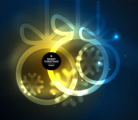 Christmas baubles, vector magic dark background with glowing New Year spheres. Holiday Christmas template with yellow and blue colorsのイラスト素材