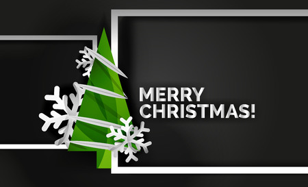 Christmas tree cut paper art, modern minimal design, vector decorated New Year tree on blackのイラスト素材
