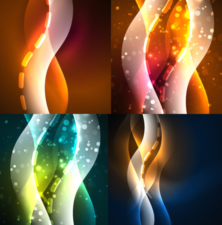Collection of neon glowing particle wavesのイラスト素材