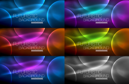 Collection of neon glowing particle waves illustration on black background.のイラスト素材