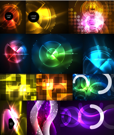 Set of neon glowing geometric shapes, digital abstract backgroundsのイラスト素材