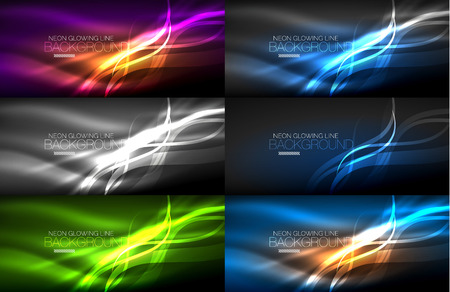 Set of neon smooth light glowing waves in the dark, abstract backgroundsのイラスト素材