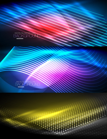 Set of neon glowing waves and lines, shiny light effect digital motion backgrounds. Collection of dark space magic vector illustrations.のイラスト素材