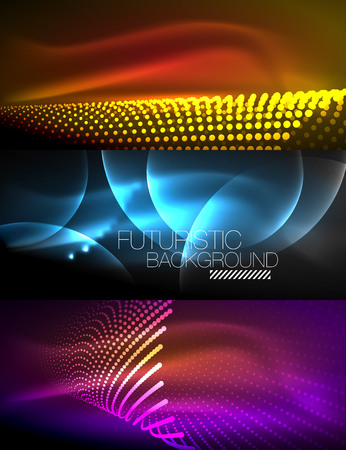 Set of glowing neon lines and shapes on dark, shiny motion, magic space light. Vector techno abstract backgroundsのイラスト素材