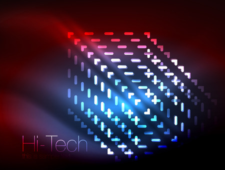 Futuristic neon lights on dark background, digital abstract techno backgrounds. Glowing shiny lines template with sparkle effectsのイラスト素材
