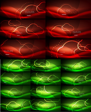 Neon glowing cloud computing concept light abstract backgrounds collection, mega set of energy magic concept backgroundsのイラスト素材