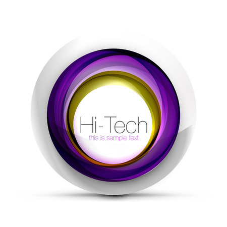 Digital techno sphere web banner, button or icon with text. Glossy swirl color abstract circle design, hi-tech futuristic symbol with color rings and grey metallic elementのイラスト素材