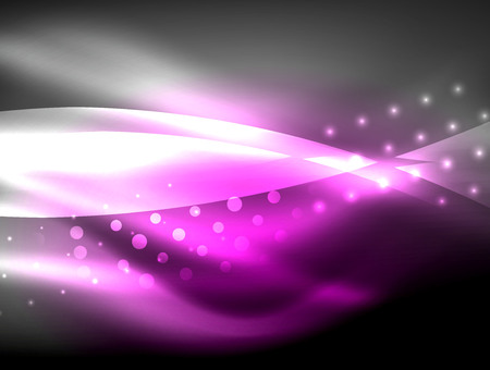 Neon wave background with light effects, curvy lines with glittering and shiny dots, glowing colors in darkness, magic energyのイラスト素材