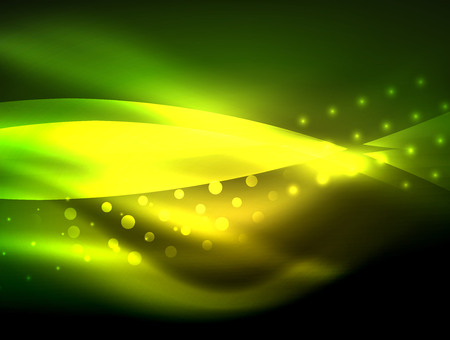 Neon wave background with light effects, curvy lines with glittering and shiny dots, glowing colors in darkness, magic energyのイラスト素材