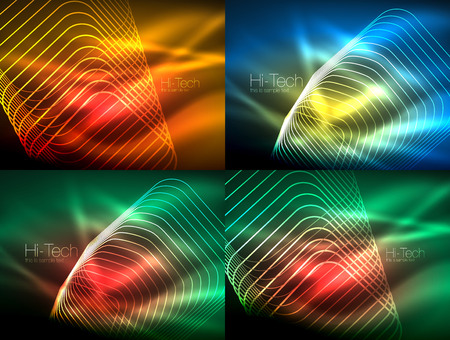 Set of glowing flowing wave neon backgrounds, energy concept, wave lines.のイラスト素材