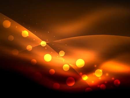 Neon wave background with light effects, curvy lines with glittering and shiny dots, glowing colors in darkness, magic energyのイラスト素材