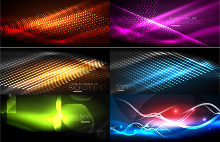 Vector collection of glowing neon shapes in dark abstract backgrounds. Digital techno illustrationのイラスト素材