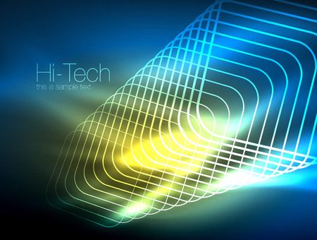 Neon glowing outline squares in dark, shiny light magic effect, geometric minimal template. Vector illustrationのイラスト素材