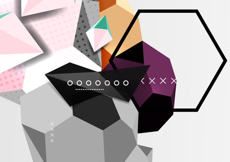Color 3d geometric composition poster. Vector illustration of colorful triangles, pyramids, hexagons and other shapes on grey backgroundのイラスト素材