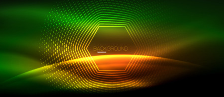 Neon glowing wave, magic energy and light motion background. Vector wallpaper template, hi-tech future conceptのイラスト素材