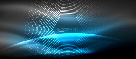 Neon glowing wave, magic energy and light motion background. Vector wallpaper template, hi-tech future conceptのイラスト素材