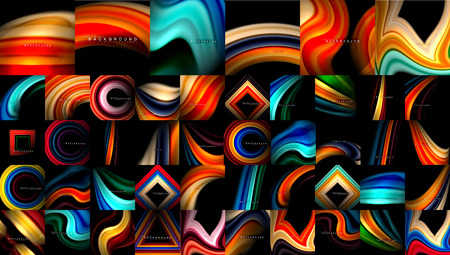 Mega collection of liquid abstract backgrounds, fluid mixing flowing smooth colors on black. Modern colorful universal templates. Vector illustrationのイラスト素材