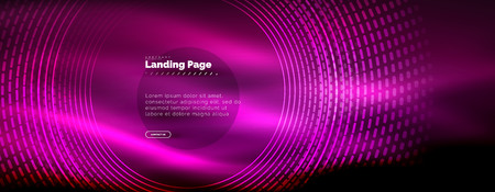 Neon glowing techno lines, hi-tech futuristic abstract background template with circles, landing page template. Vector illustrationのイラスト素材
