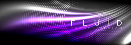 Neon glowing fluid wave lines, magic energy space light concept, abstract background wallpaper designの写真素材