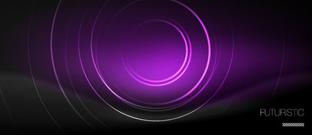 Dark abstract background with glowing neon circles, vectorのイラスト素材