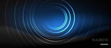 Dark abstract background with glowing neon circles, vectorのイラスト素材