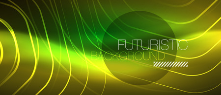Neon glowing wave, magic energy and light motion background. Vector design wallpaper templateのイラスト素材