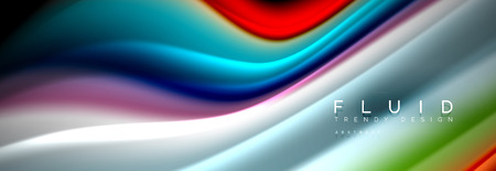 Bright colorful liquid fluid lines on black, vector modern abstract backgroundのイラスト素材