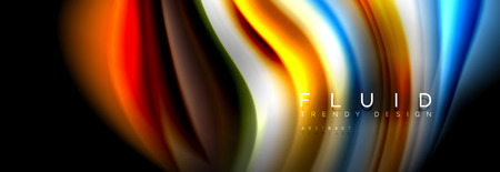 Bright colorful liquid fluid lines on black, vector modern abstract backgroundのイラスト素材