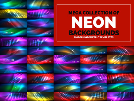 Neon glowing light wave abstract backgrounds collection, mega set of energy magic concept backgrounds. Vector illustrationのイラスト素材