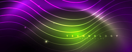 Shiny neon lights, dark abstract background with blurred magic neon light curved lines. Vectorのイラスト素材